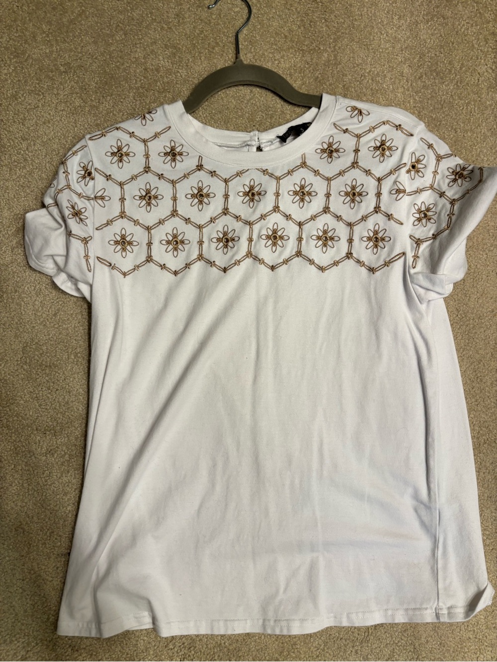 DC White Short-Sleeve Top with Gold Embroidered Yoke